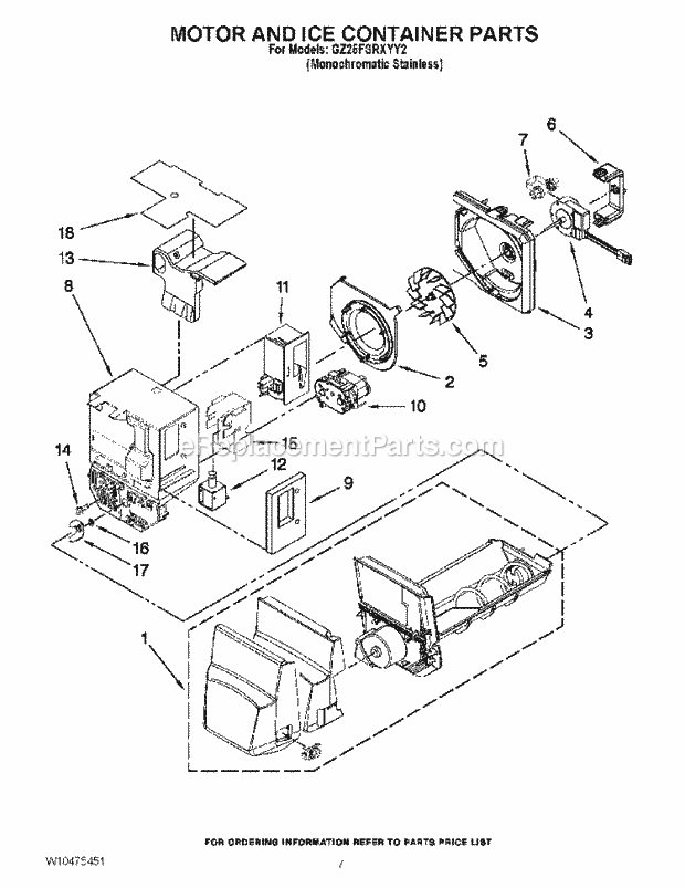 MOTOR AND ICE CONTAINER PARTS Diagram and Parts List for GZ25FSRXYY2  Whirlpool Refrigerator