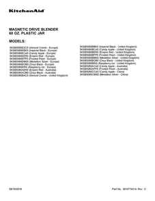 Cover Sheet Diagram and Parts List for 5KSB5080BFP0  KitchenAid Blender