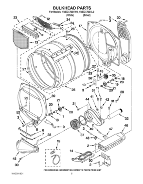 03 - BULKHEAD PARTS Diagram and Parts List for YMEDX700XW0  Whirlpool Dryer