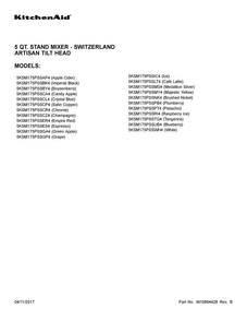 Cover Sheet Diagram and Parts List for 5KSM175PSSWH4  KitchenAid Mixer