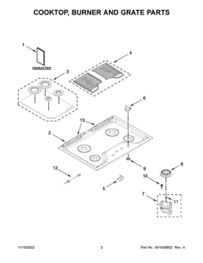 Cooktop, Burner And Grate Parts Diagram and Parts List for WCG55US0HB05  Whirlpool Cooktop