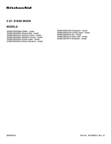 Cover Sheet Diagram and Parts List for 5KSM150PSICA4  KitchenAid Mixer