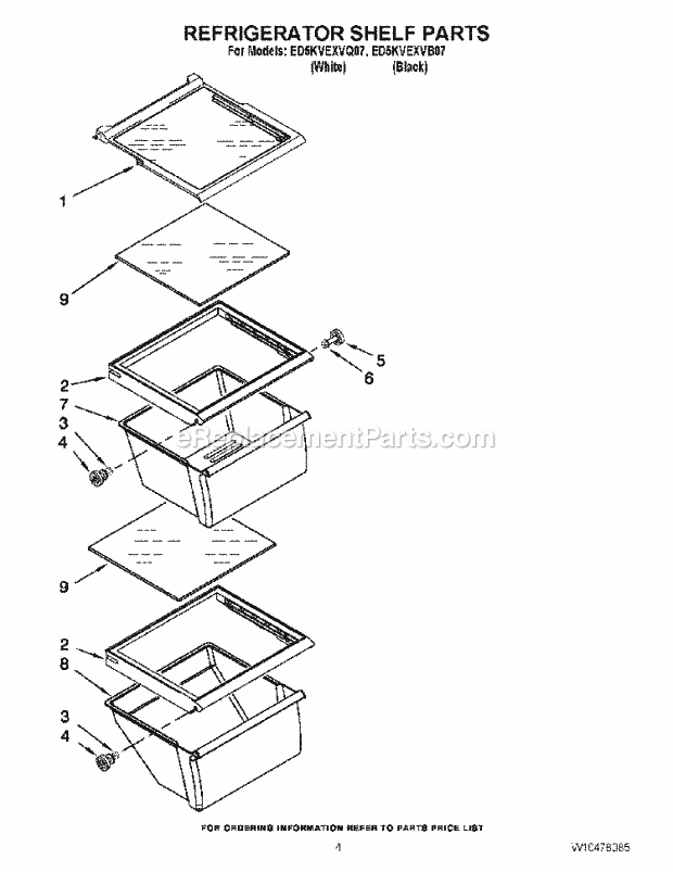 Refrigerator Shelf Parts Diagram and Parts List for ED5KVEXVB07  Whirlpool Refrigerator