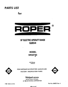 Front Cover Diagram and Parts List for N9357*0  Roper Range