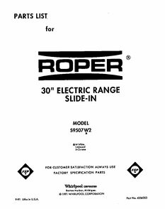 Front Cover Diagram and Parts List for S9507*2  Roper Range