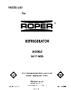 Front Cover Diagram and Parts List for 8617*0B  Roper Refrigerator
