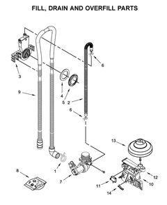 Fill, Drain And Overfill Parts Diagram and Parts List for WDF130PAHB1  Whirlpool Dishwasher