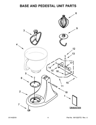Base And Pedestal Unit Parts Diagram and Parts List for KSM180RPMB0  Whirlpool Mixer