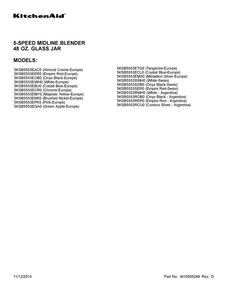 Cover Sheet Diagram and Parts List for 5KSB5553ROB0  KitchenAid Blender