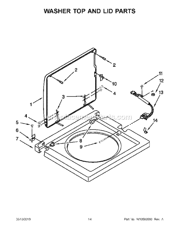 Washer Top And Lid Parts Diagram and Parts List for LTE5243DQB  Whirlpool Washer Dryer Combo