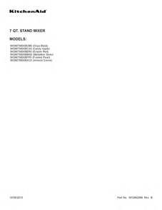 Cover Sheet Diagram and Parts List for 5KSM7580XBAC0  KitchenAid Mixer
