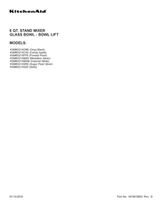 Cover Sheet Diagram and Parts List for KSM6521XMW0  KitchenAid Mixer