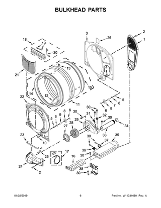 Bulkhead Parts Diagram and Parts List for 7MWED5620HW0  Whirlpool Dryer