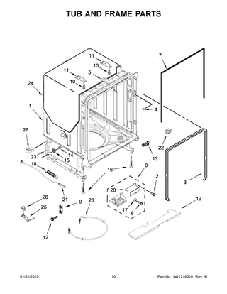 Tub And Frame Parts Diagram and Parts List for KDFE104HBS0  Whirlpool Dishwasher