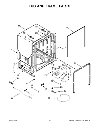 Tub And Frame Parts Diagram and Parts List for IDT930SAGX0  Whirlpool Dishwasher