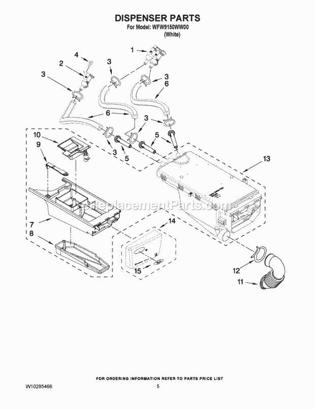 DISPENSER PARTS Diagram and Parts List for WFW9150WW00  Whirlpool Washer