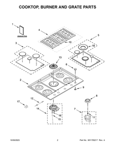 Cooktop, Burner And Grate Parts Diagram and Parts List for KCGS550ESS06  KitchenAid Cooktop