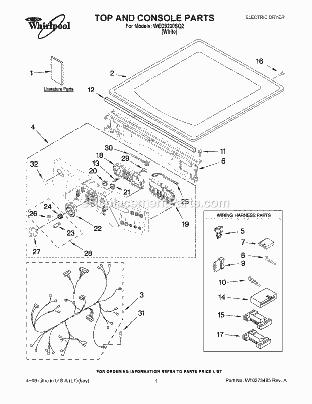 Top And Console Parts Diagram and Parts List for WED9200SQ2  Whirlpool Dryer