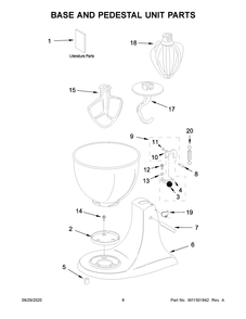 Base And Pedestal Unit Parts Diagram and Parts List for 5K45SSPWH0  Whirlpool Mixer