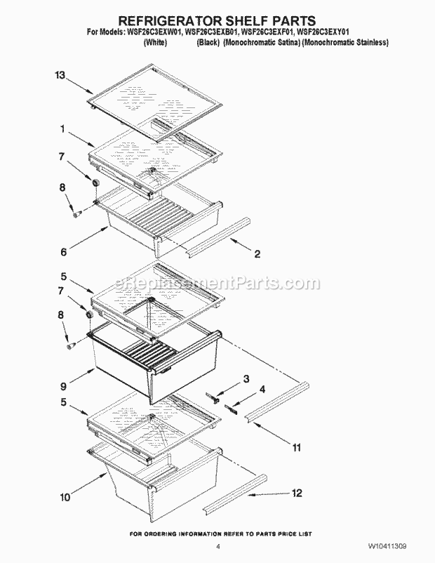 REFRIGERATOR SHELF PARTS Diagram and Parts List for WSF26C3EXF01  Whirlpool Refrigerator