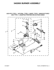 Burner Assembly Diagram and Parts List for WGT4027EW1  Whirlpool Washer Dryer Combo