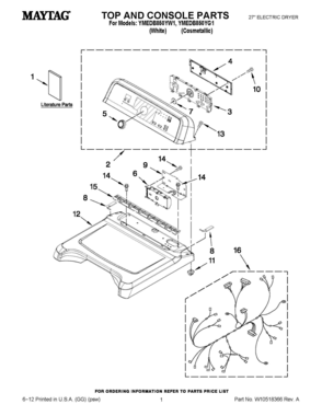 01 - TOP AND CONSOLE PARTS Diagram and Parts List for YMEDB850YW1  Whirlpool Dryer