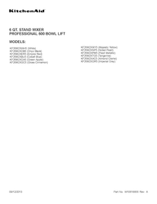Cover Sheet Diagram and Parts List for KF26M2XAC5  KitchenAid Mixer