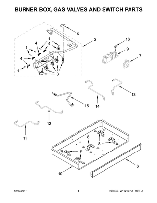 Burner Box, Gas Valves And Switch Parts Diagram and Parts List for WCG55US6HS00  Whirlpool Cooktop