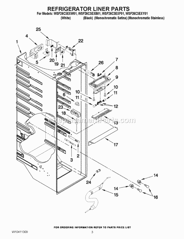 REFRIGERATOR LINER PARTS Diagram and Parts List for WSF26C3EXF01  Whirlpool Refrigerator