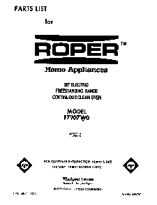 Front Cover Diagram and Parts List for F7907W0  Roper Range