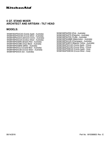 Cover Sheet Diagram and Parts List for 5KSM160PSACZ0  KitchenAid Mixer
