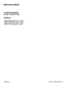 Cover Sheet Diagram and Parts List for 3KSB1575TER0  KitchenAid Blender