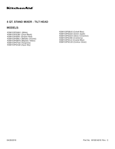 Cover Sheet Diagram and Parts List for KSM153PSCB0  KitchenAid Mixer