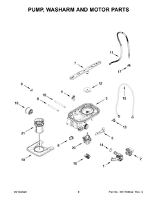 Pump, Washarm And Motor Parts Diagram and Parts List for WDT550SAPW0  Whirlpool Dishwasher