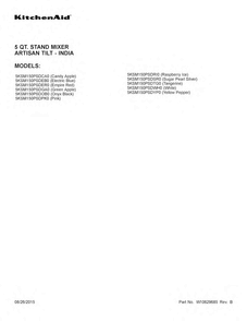 Cover Sheet Diagram and Parts List for 5KSM150PSDRI0  KitchenAid Mixer