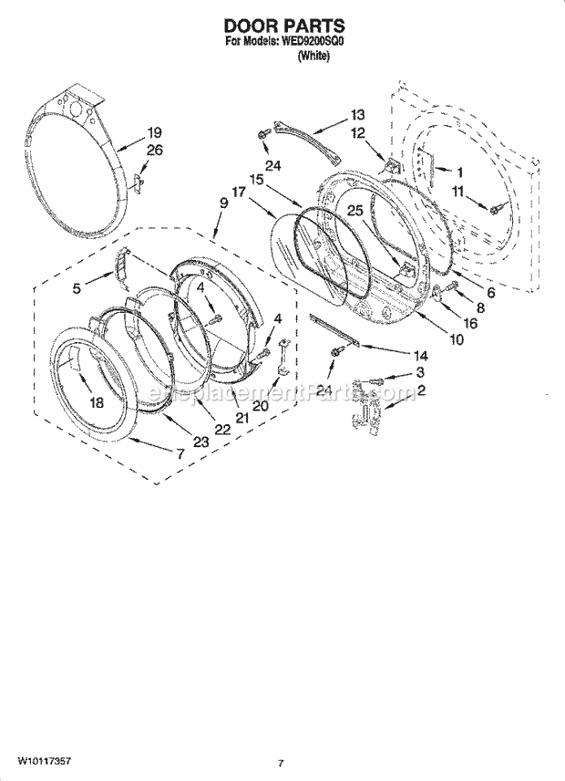 DOOR PARTS, OPTIONAL PARTS (NOT INCLUDED) Diagram and Parts List for WED9200SQ0  Whirlpool Dryer