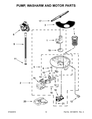 Pump, Washarm And Motor Parts Diagram and Parts List for WDF590SAJB0  Whirlpool Dishwasher