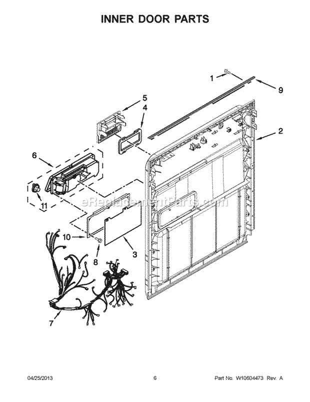Inner Door Parts Diagram and Parts List for ADB1400PYD2  Whirlpool Dishwasher