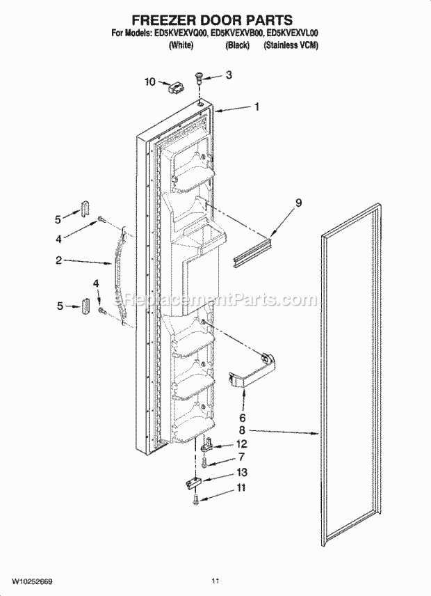 FREEZER DOOR PARTS Diagram and Parts List for ED5KVEXVB00  Whirlpool Refrigerator