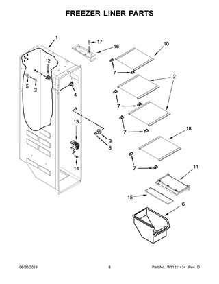 Freezer Liner Parts Diagram and Parts List for WRS555SIHB00  Whirlpool Refrigerator