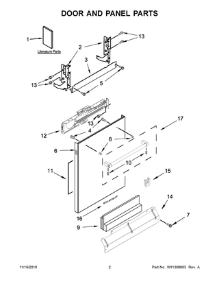 Door And Panel Parts Diagram and Parts List for BLB14FRANA0  Whirlpool Dishwasher