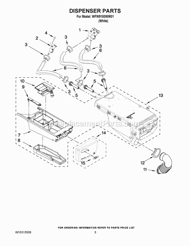 Dispenser Parts Diagram and Parts List for WFW9150WW01  Whirlpool Washer