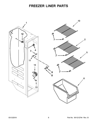 Freezer Liner Parts Diagram and Parts List for WRS315SDHB00  Whirlpool Refrigerator