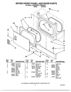 Dryer Front Panel And Door Parts Diagram and Parts List for LTE6243AN2  Whirlpool Washer Dryer Combo