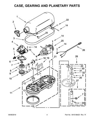 Case, Gearing And Planetary Parts Diagram and Parts List for KG25H0XCM5  Whirlpool Mixer