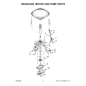 Gearcase, Motor And Pump Parts Diagram and Parts List for 4KWTW5900JW2  Whirlpool Washer