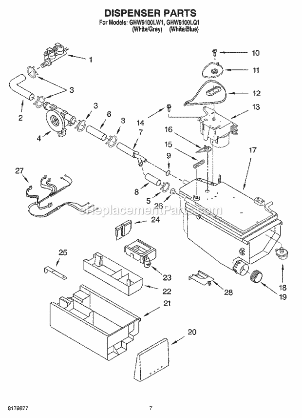DISPENSER Diagram and Parts List for GHW9100LW1  Whirlpool Washer