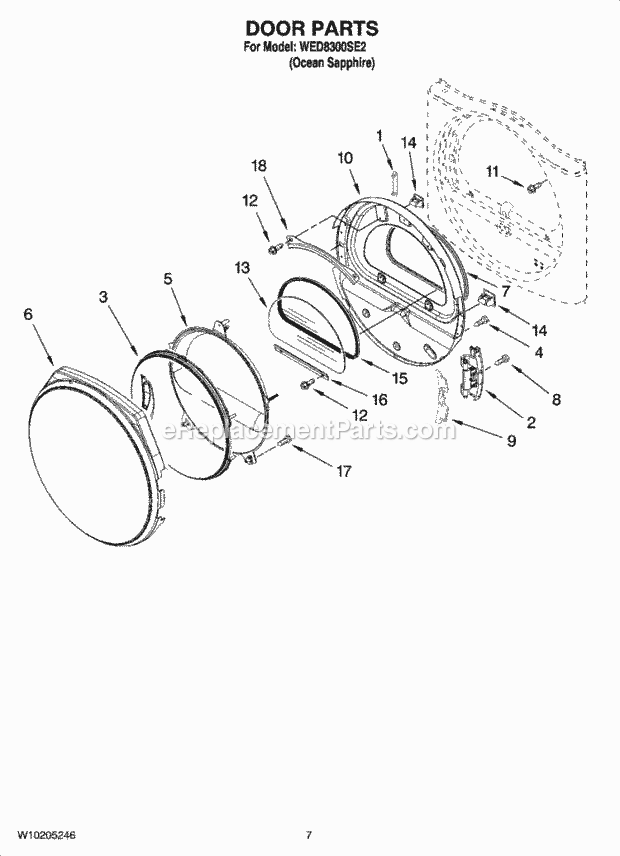 Door Parts, Optional Parts (Not Included) Diagram and Parts List for WED8300SE2  Whirlpool Dryer