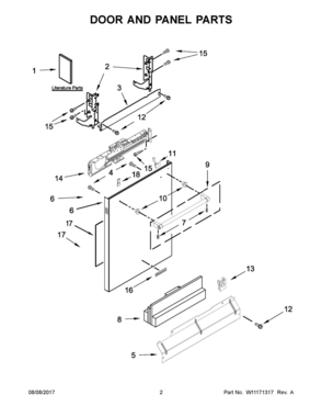 02 - DOOR AND PANEL PARTS Diagram and Parts List for KDTE254EWH3  Whirlpool Dishwasher