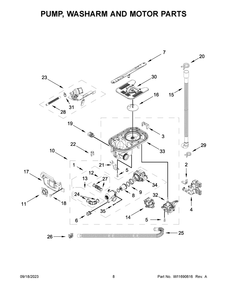 Pump, Washarm And Motor Parts Diagram and Parts List for KDPM704KPS2  KitchenAid Dishwasher